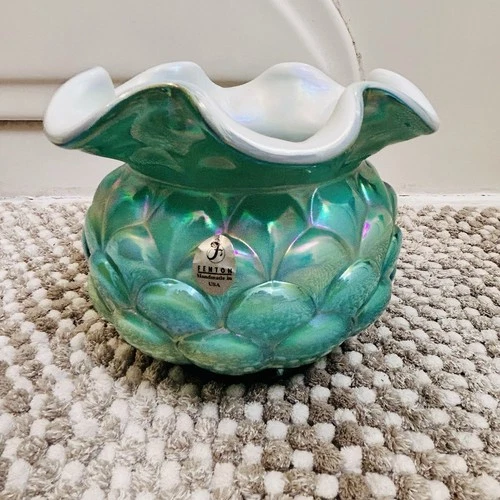 ARTICHOKE Vintage Fenton Jacqueline Opalescent Cased Glass Green Vase Bowl