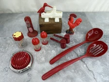Vtg Kitchen Red Utensil lot of 11 Salt Pepper Toothpick Timer Egg Slicer Rooster