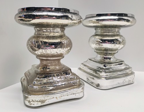 2 Pottery Barn 7” Antique Mercury Glass Pillar Candle Holders Silver Elegant - Picture 2 of 8
