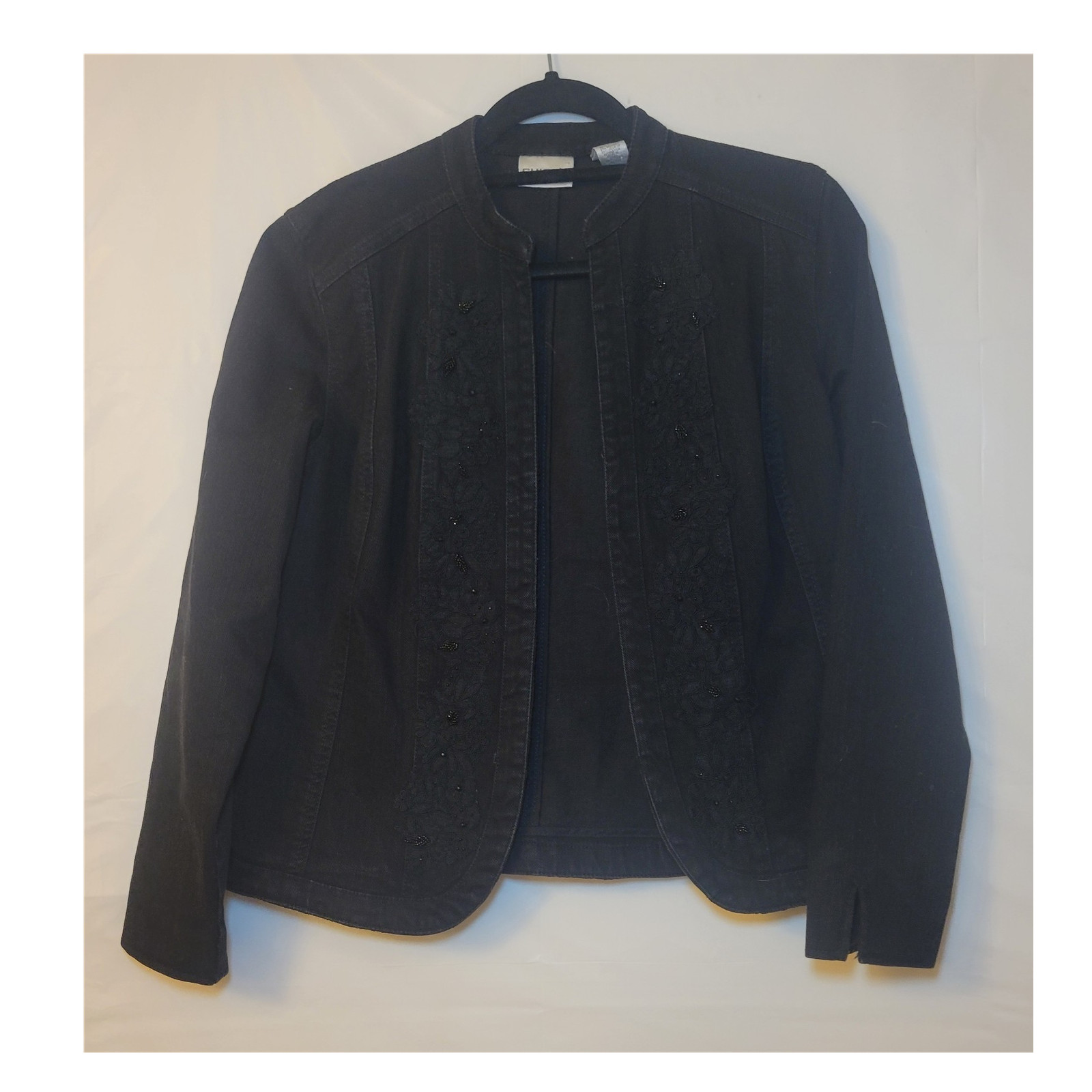 Chico's Travelers Black Open Front Beaded Embroidered Long Sleeve Jacket Sz 0