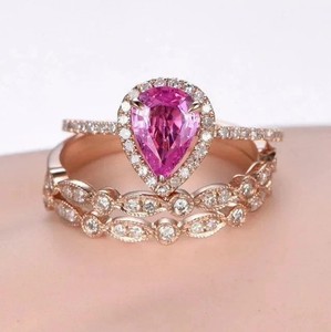 Authentic 14K Rose Gold Plated Simulated Pink Sapphire Wedding Party Wear Bridal Ring Set