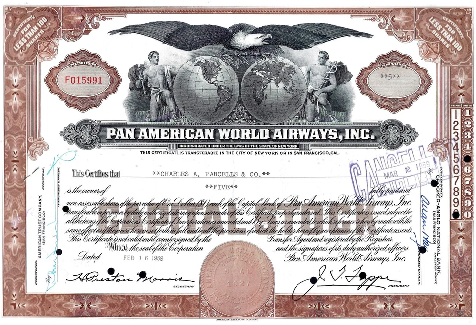 Pan American World Airways Inc.,  16. 02. 1959  - 5 Shares - Bild 1 von 1