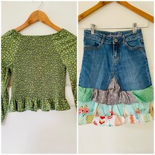 Girl Clothes Sizes 7 Green Top Peasant Summer Floral Denim Ruffle Upcycled Skirt