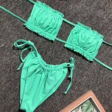 Womens Strapless Bandeau Ruffle Bikini Top Thong Set Swimwear Swimsuit Bathing