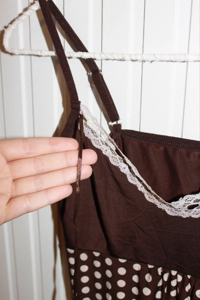 Title: Y2K Brown Polka Dot Cami Top | Lace Trim Ribbon Tank Cottagecore Retro S - Image 2 of 4