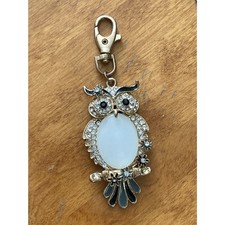 Vintage Gold Blue Enamel Rhinestone Owl Keychain Bling Key Ring Handbag Charm