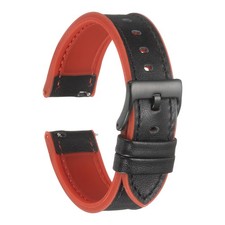 20mm Genuine Leather Watch Band with Silicone Waterproof Lining, Black Red
