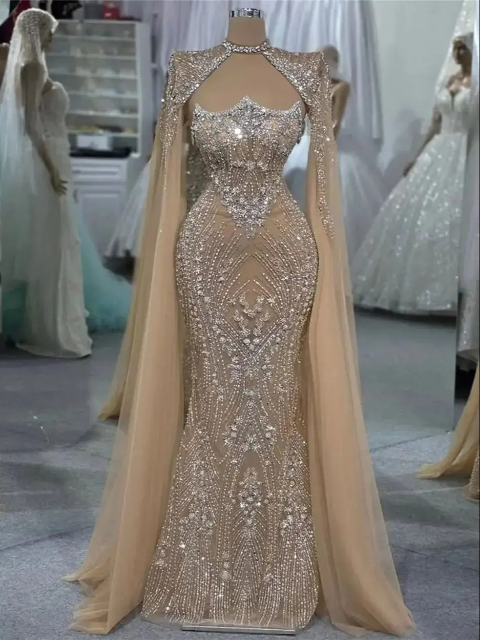 Luxury Evening Dresses Gowns Crystal Mermaid Dress with Cape Sleeves Wedding image 7