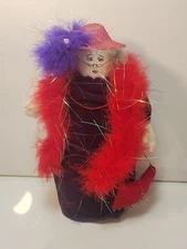 Vintage Red Hat Society Ladies Weighted Plush Dolls Feather Boa Purple Dress 10"
