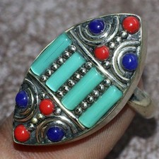 Nepali Tribal Tibetan Turquoise Red Coral Ring Jewelry Size US FreeSize GW