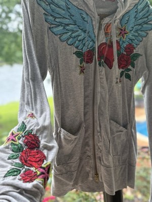 JWLA Johnny Was Embroidered Wing Heart Roses Freedom Zip Hoodie Small