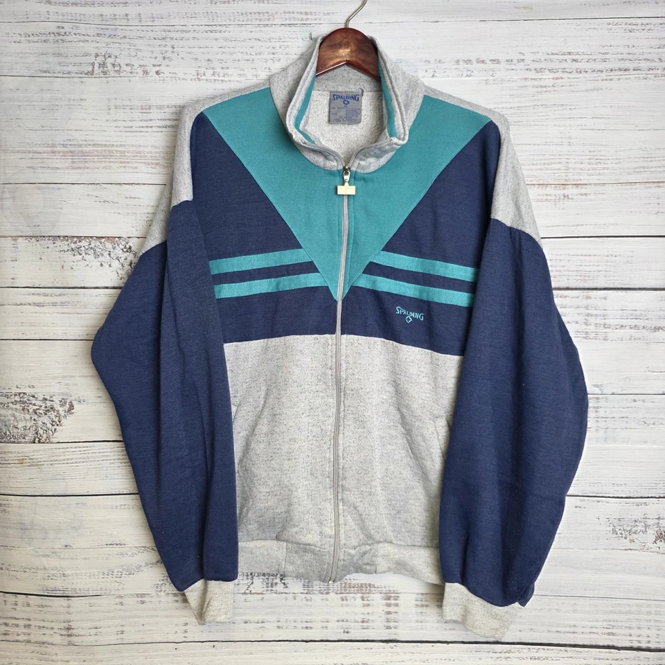 Spalding Jacket Mens XL Gray Blue Color Block Full Zip Sweater Vintage Tennis - Image 2 of 4