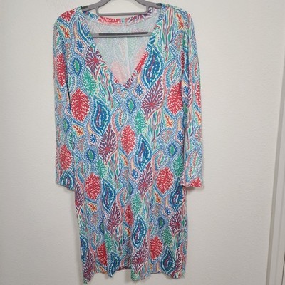 Lilly Pulitzer Coral Reef Print Long Sleeve V Neck Pima Cotton Dress Medium