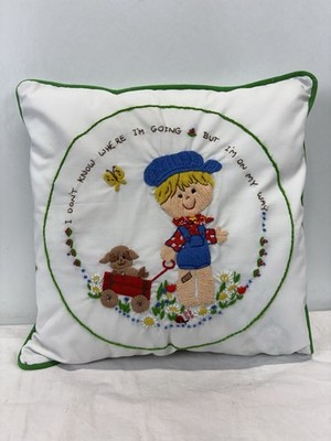 Vtg Bucilla Pillow Embroidered Little Boy  Don t Know Where I m Going  Completed