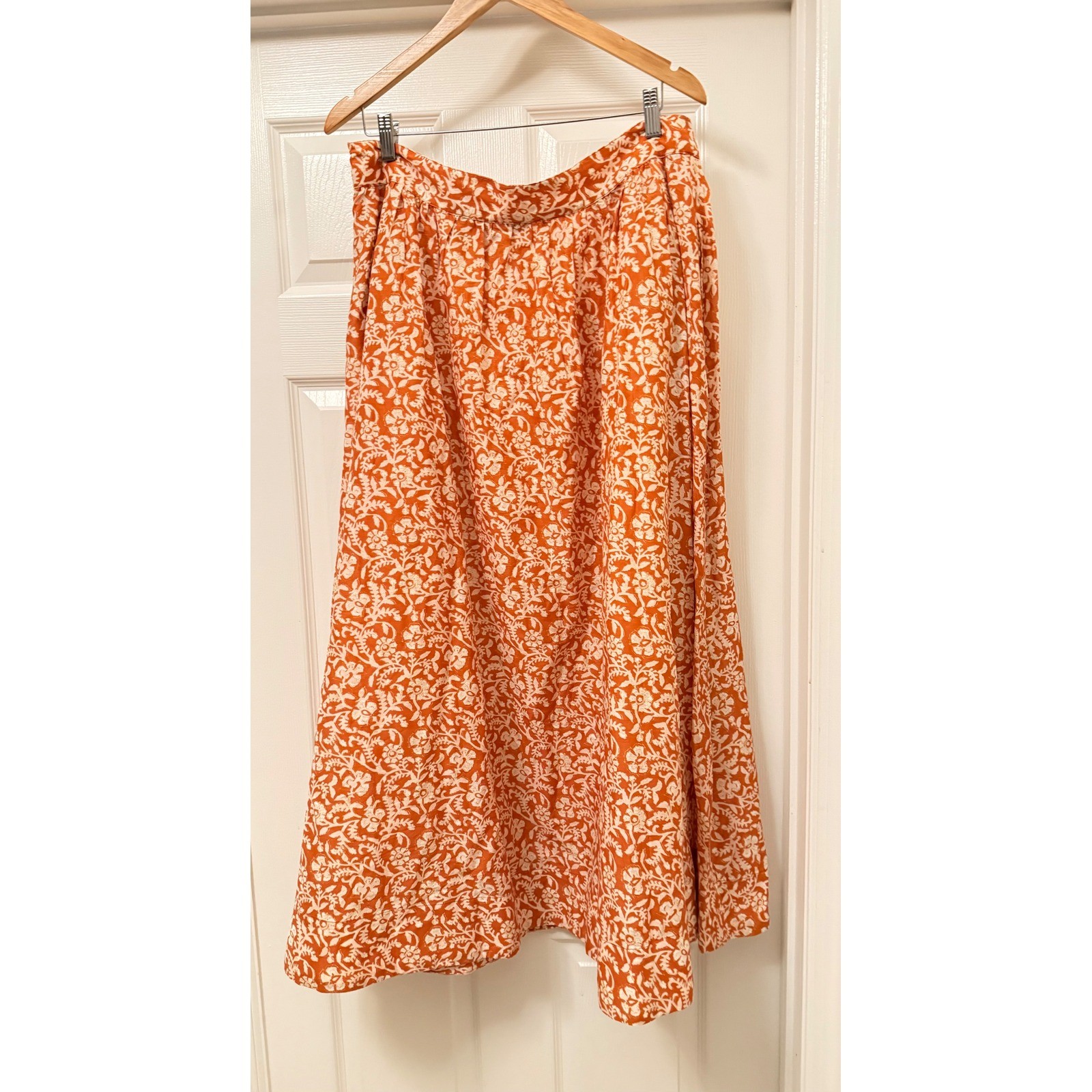 RIXO Maxi Skirt Womens XL Orange White Floral Cotton High Waist A-Line Pockets image 4