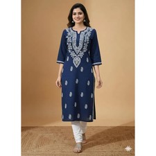 Royal Blue Chikankari Cotton Kurti  Hand Embroidered Daily Wear Cotton Kameez