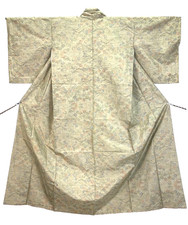 Vintage Oshima Tsumugi Silk Kimono Green Red Flower XS 24.6in Yuki Japan Floral