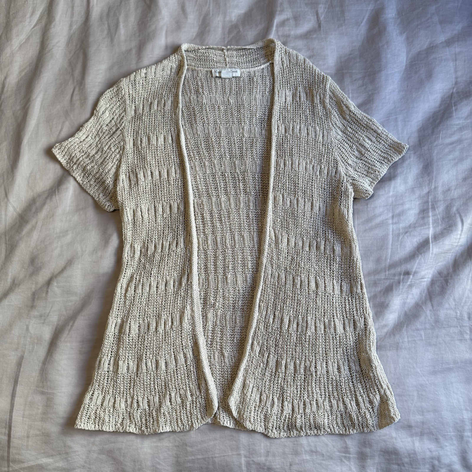 Coldwater Creek XL Crochet Cardigan Beige Open Knit Short Sleeve Boho Summer