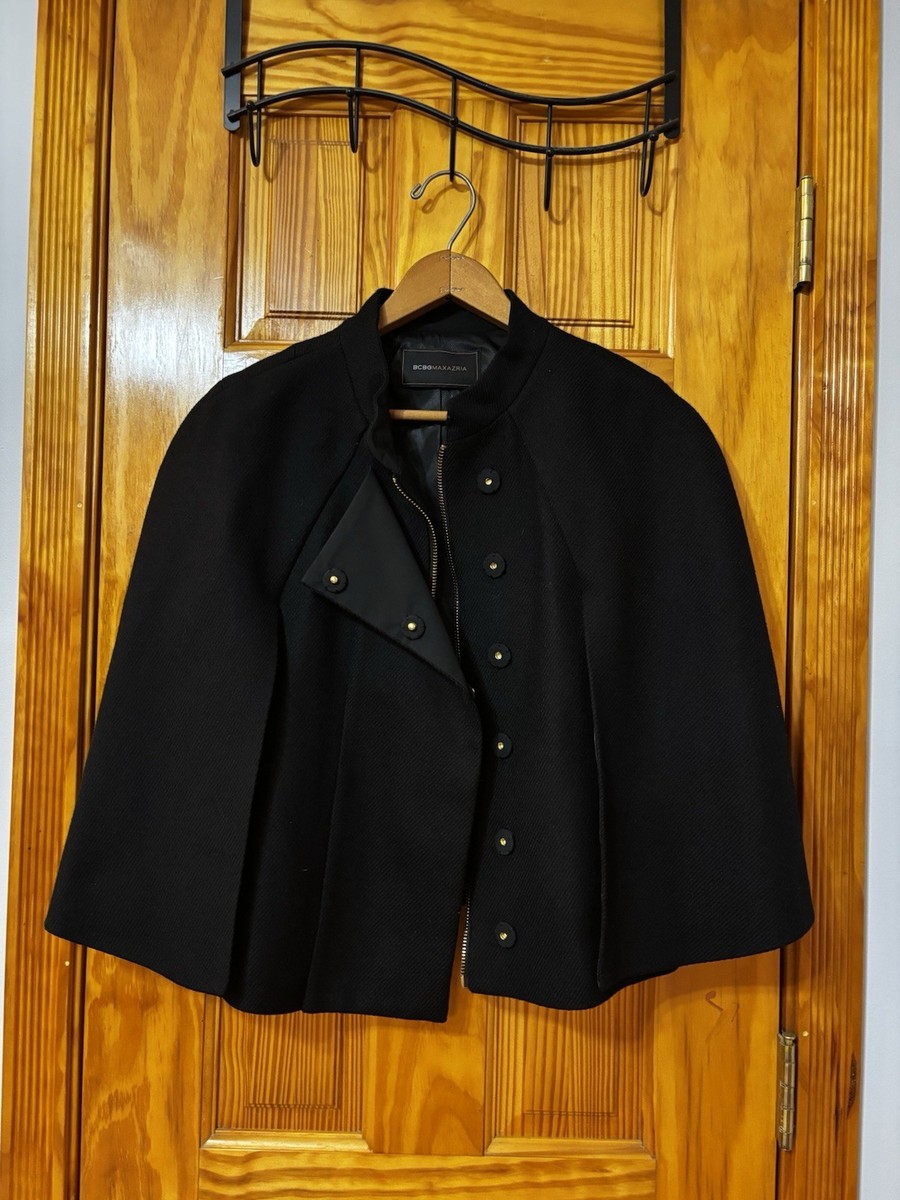 BCBGMAXAZRIA Women's Black Cape Jacket Button Front Short Size M