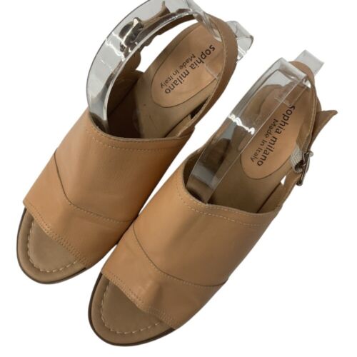Sophia Milano Women's Block Heel Sandals Peep Toe Slingback Buckle Tan Size 9.5 - Picture 4 of 11