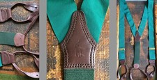 VTG POLO RALPH LAUREN SUSPENDERS BRACES GREEN FAILLE ESPRESSO BROWN LEATHER EUC