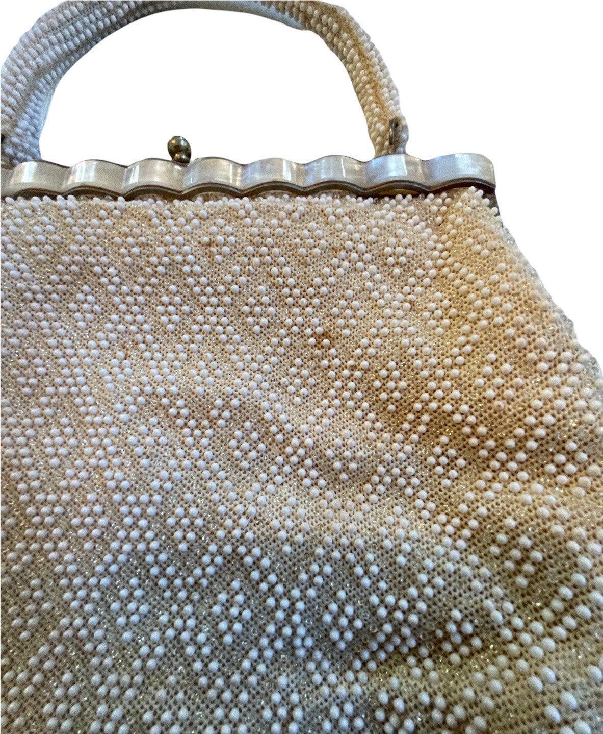 Vintage 1960s Ivory Beaded Purse Mother of Pearl?… - image 3