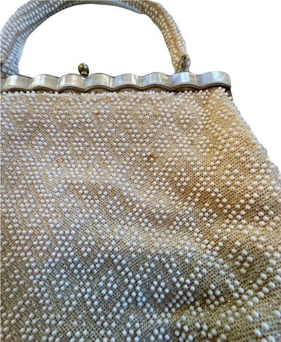 Vintage 1960s Ivory Beaded Purse Mother of Pearl? Top Handle Handbag Hong Kong - Picture 3 of 12