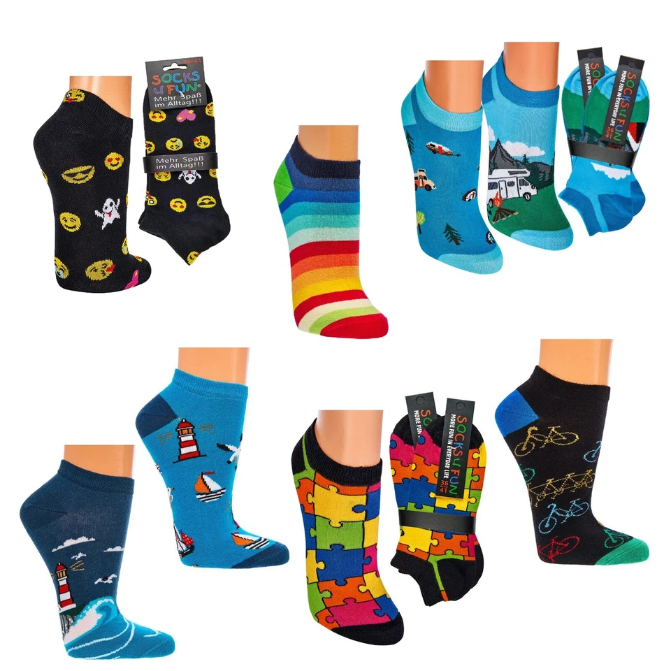 Fröhlich bunte Sneaker-Socken, Baumwolle, handgekettelte Naht, diverse Motive