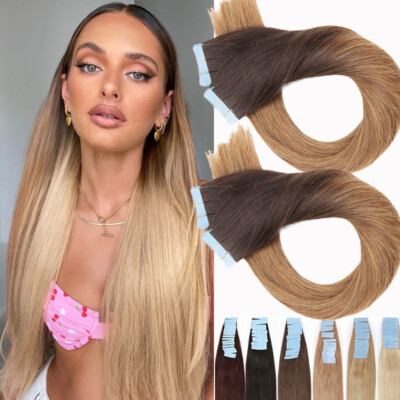 20-60PCS Tape In /On Human Hair Extensions Real Thick Skin Weft Ombre Hair Remy