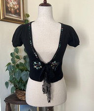 Daytrip Vintage 90s Black Cropped Embroidered Lace Tie Cardigan