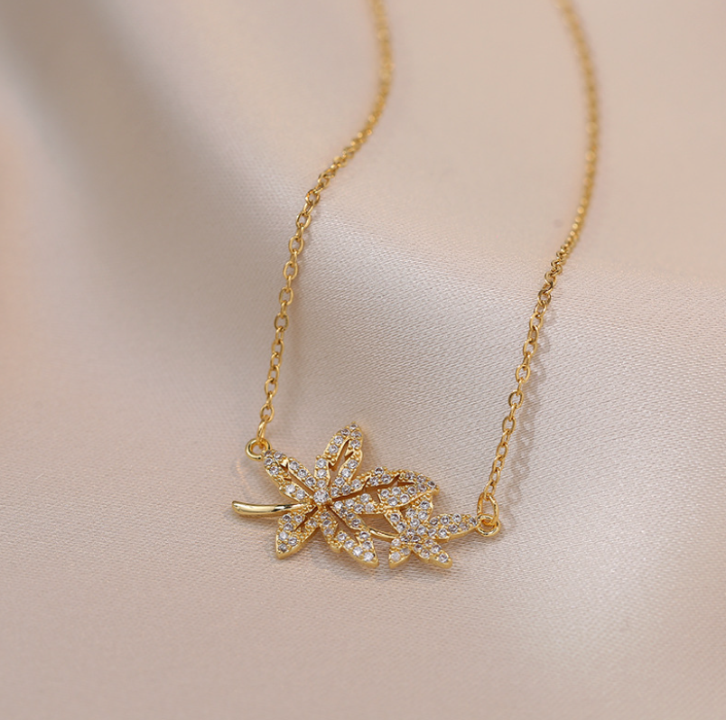 Titanium Flower Maple Leaf Gold Pave Cubic Zirconia Pendant Chain