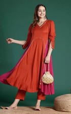 Indian Suit ; Women Colourblock Pleated Gotta Patti A-line Kurta Trouser Set