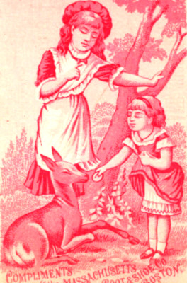 Massachusetts Boot & Shoe Co Boston Little Girls with Deer  Victorian Trade Card