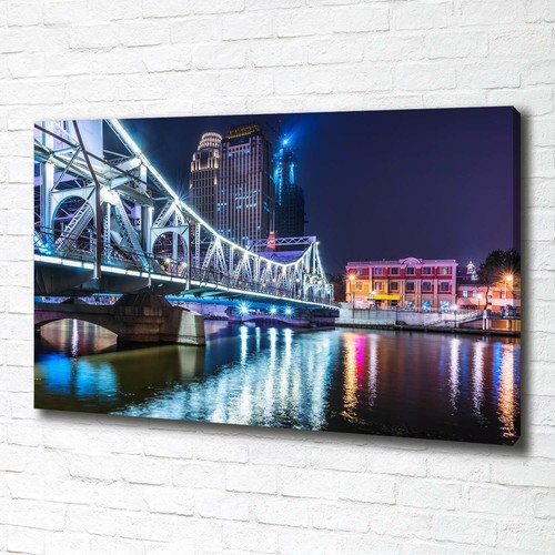 Tableau Déco Sur Toile 100x70 Cm – Lac Et Pont, Paysage Bleu Multicolore, Neuf