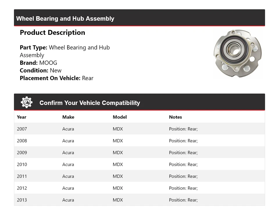 Conjunto de cojinete de rueda y buje trasero para Acura MDX 2007-2013 MOOG 2007 2008 2009 Foto 2 de 4
