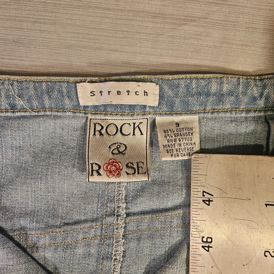 Falda midi denim rock & rosa elástica para mujer con aberturas y flecos talla 10 años 90 Y2K Foto 4 de 4