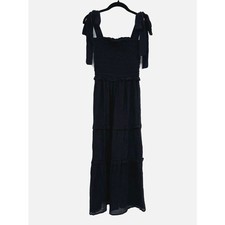 Love Tree Black Smocked Maxi Dress Small Tie Shoulder Tiered Boho Cottagecore