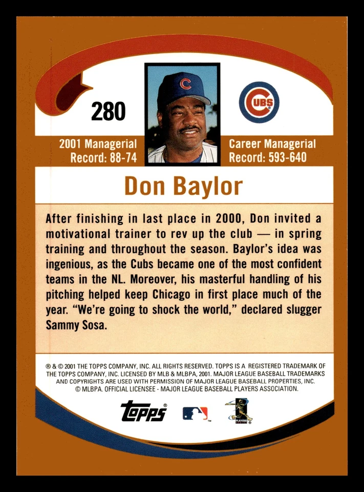 2002 Topps Don Baylor Chicago Cubs #280 Centered Mint - Image 2 of 2