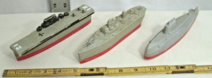 MARX WATERLINE WWII SHIPS X3 AIRCRAFT CARRIER, DESTROYER, SUB PLASTIC TOYS 1960s
