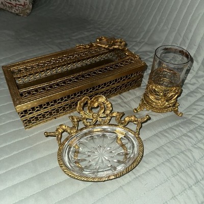 Vintage MCM Hollywood Regency Filigree Tissue Box, Soap Dish, Toothbrush Holder