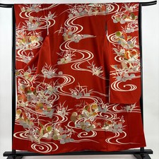 JAPANESE KIMONO FURISODE RED 157cm 5 ft 2 in PURE SILK B1614