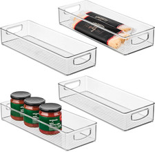 Slim Extra Long Clear Storage Bin, 4-Pack  Narrow, Stackable, Kitchen or Pantry