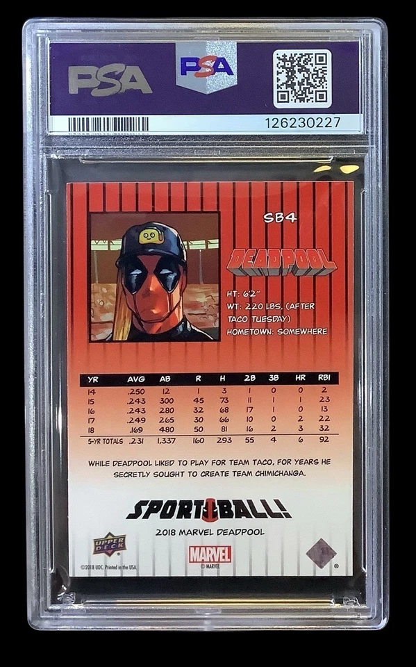 2019 marvel UD upper deck #SB4 deadpool rc; sport ball ‘89 fleer F face PSA 9 OC - Image 2 of 3