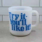 Try It-You'll Like It!" Mug Vintage Alka Seltzer Commercial Slogan Milk Glass