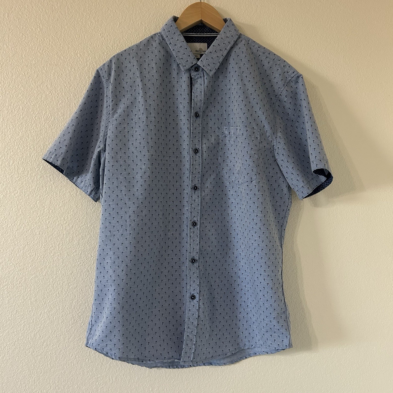 CRAFT+FLOW Men's Blue Short Sleeve Shirt Size Large, Small Palm Trees Print