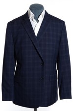 46S Short Stafford Dark-Blue Plaid Light Worsted-Wool Sport Coat Blazer Jacket