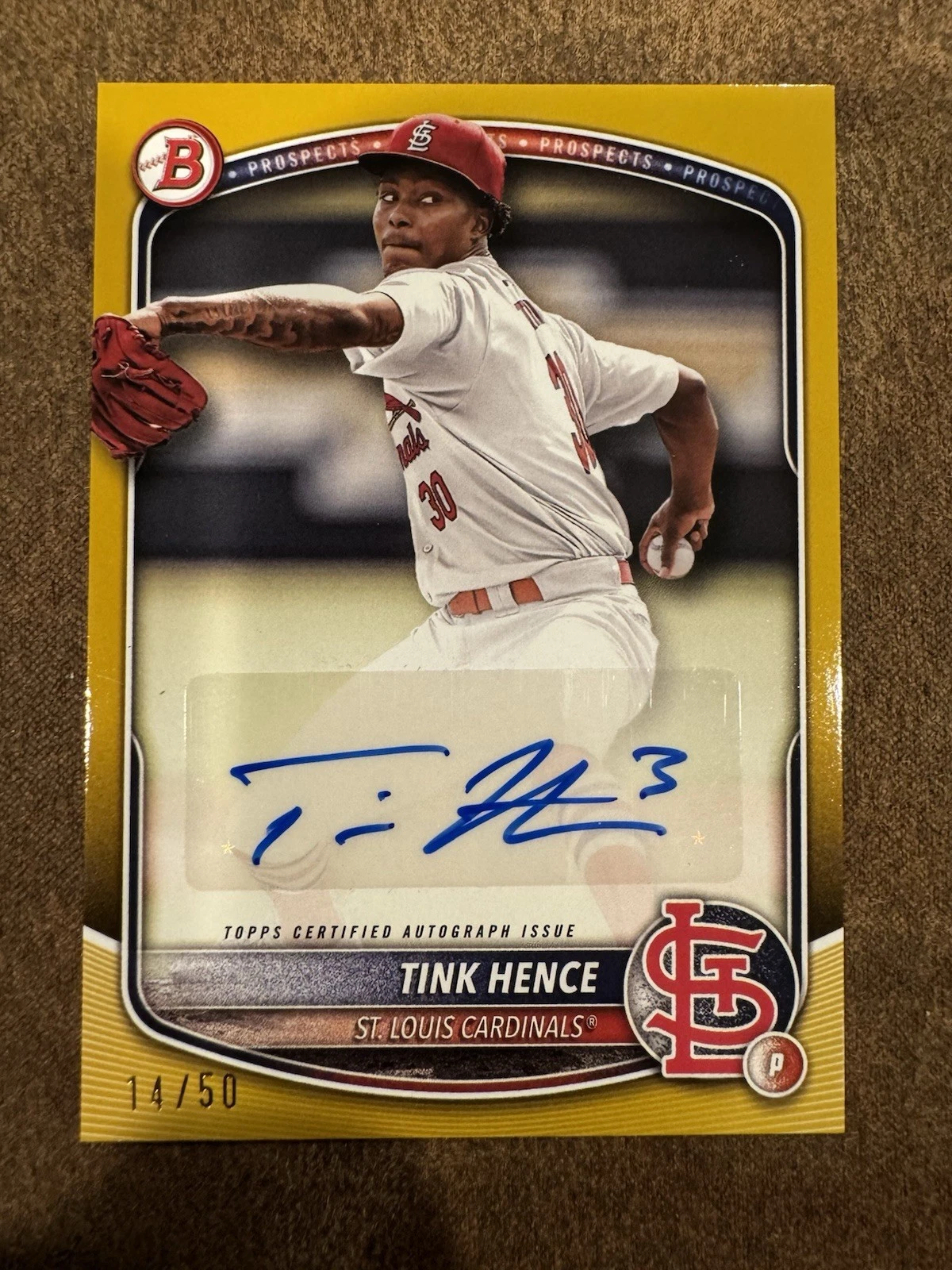 2025 Bowman Tink Hence Gold Auto #BPA-TH St. Louis Cardinals Prospect SSP /50