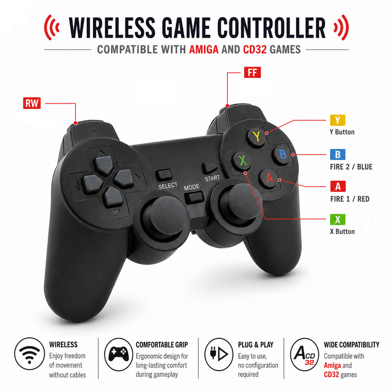 Commodore Amiga CD32 Wireless Gamepad Controller Retro  - CD32 7 Button Support