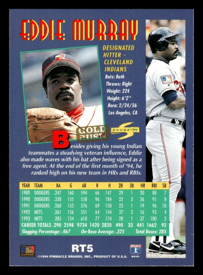1994 Score Rookie & Traded - Eddie Murray #RT5 Gold Rush - Image 2 of 2