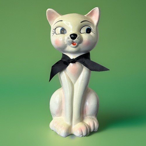 Vintage Kitsch Cat Bank Tallboy Big Eyed Pink And White Kitty 50s 11” Kawaii